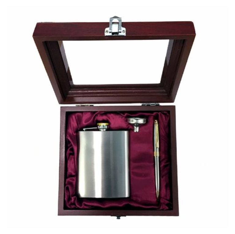 Hip Flask Timber Box Gift Set with Pen